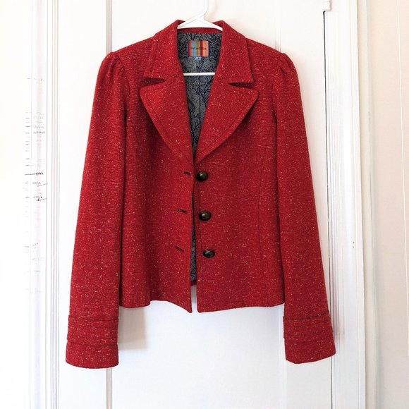 Petro Zillia Vintage Y2K Wool Blend Nubby Woven Wide Lapel Blazer in Faded Red - Picture 7 of 15